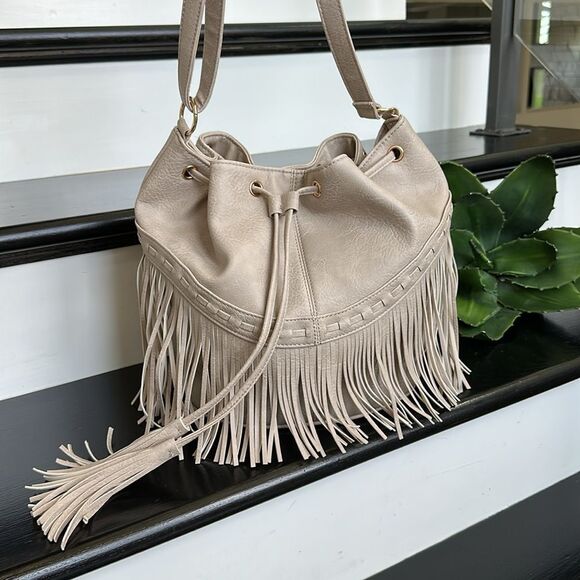 Neutral Vegan Leather Fringe Bucket Crossbody Shoulder Bag bucket, drawstring - Picture 2 of 10